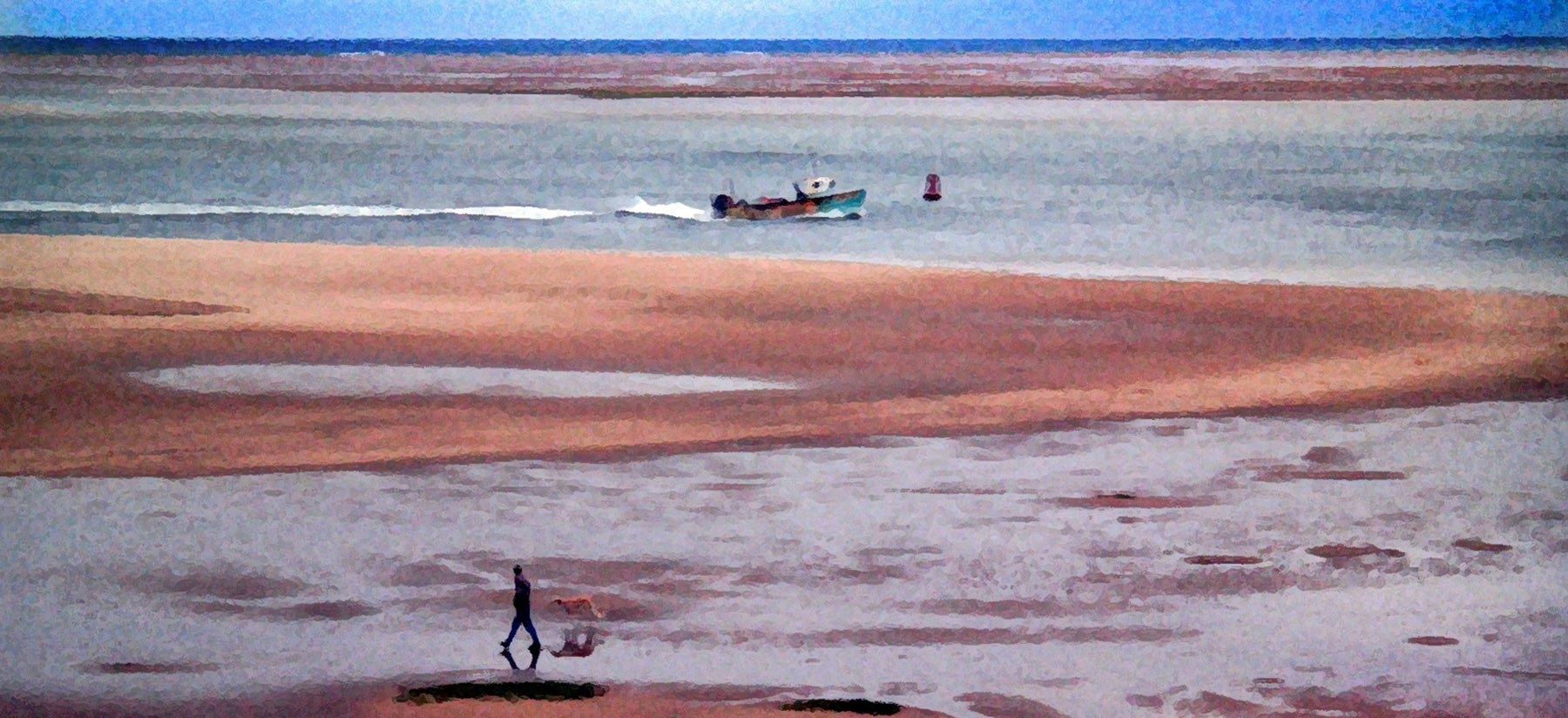 Man walks his dog as the tide goes out; meanwhile a fishing boat rushes towards the harbour